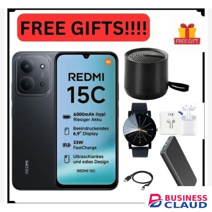 Redmi 15C 256GB Storage Upto 16(8+8)GB Ram 6.9'' 50MP Main Cam +8MP front 6000mAh 33W Fast Charger -BLACK(1 YEAR WARRANTY) + FREE GIFTS(AIRPODS+ WATCH +POWERBANK +C-C CABLE+SPEAKER))