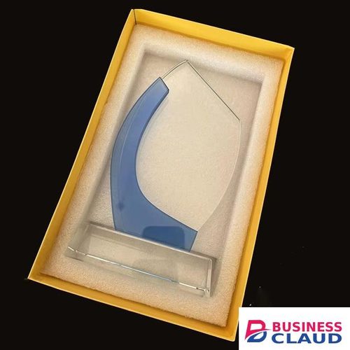 Clear and blue crystal glass award trophy