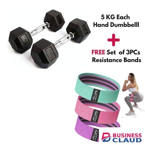 Pair (2pcs) 5KG Hexagonal Dumbell (5KG each Hand) for Strength Training Plus 3PCs Set Exercise Bands