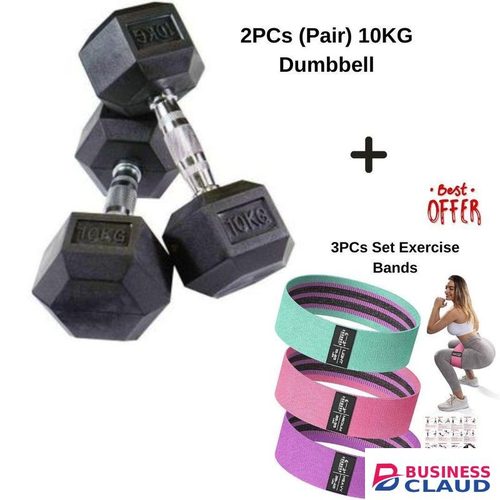 Pair (2pcs) 10KG Hexagonal Dumbell (10KG each Hand) Plus Free 3PCs Exercise Resistance Bands
