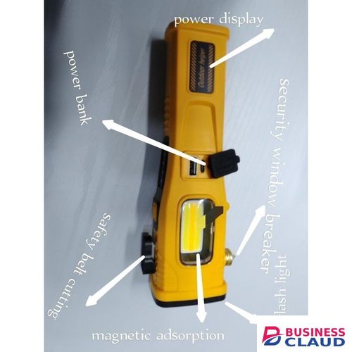 multi-function emergency portable flashlight Hiking Rechargeable Long Range LED Flashlight with High Brightness with window breaker, safety belts cutter, magnetic and power bank booster