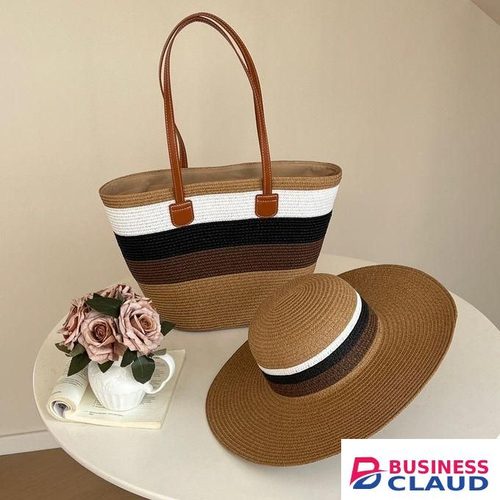 Summer Straw Woven Beach Bag And Hat Set – Chic Design With Cotton Lining, Zipper Closure & Multi-Use Style
