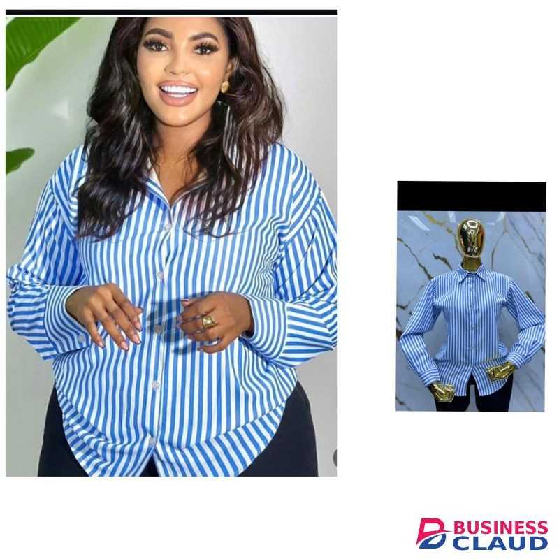 Chiq, Cozy Women's Striped Collared Shirt Tops - Blue Stripe