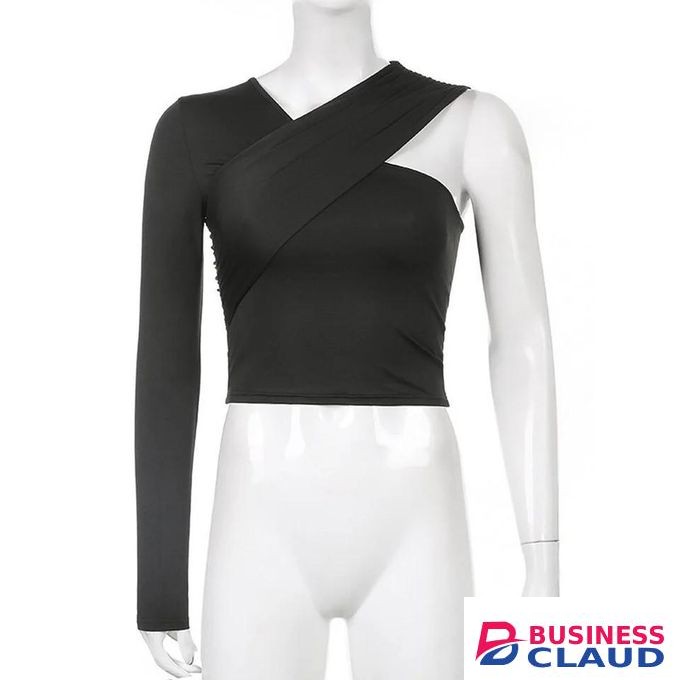 Asymmetrical V Neck One-shoulder Soild Women's T-shirts Slim Female Streetwear Crop Top