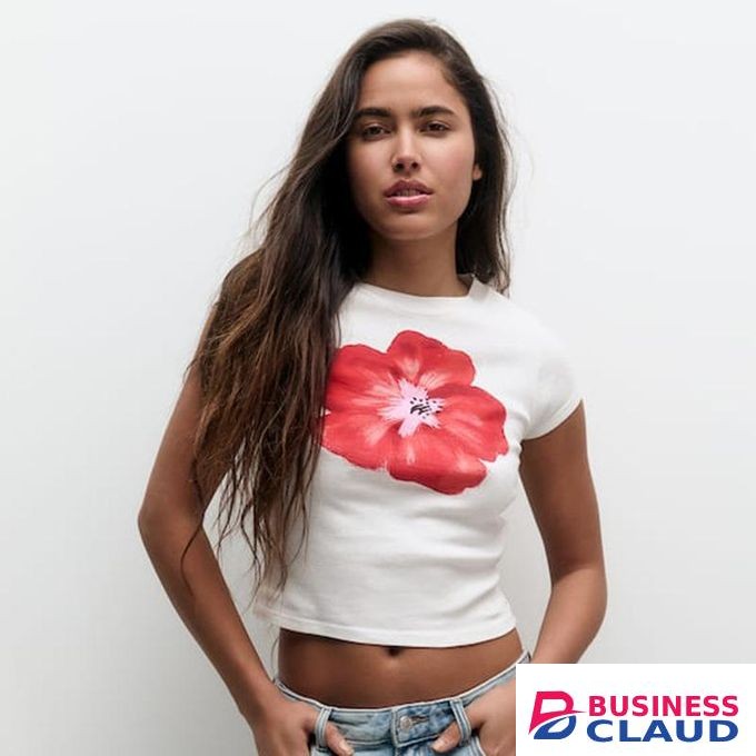 CALLIARA Women's Cropped Fitted T-Shirt Large Red Flower Print Slim Style Fashion Versatile Casual Top