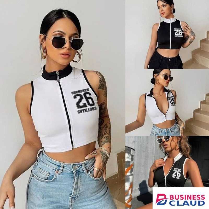 ladies classic front zip Crop Top