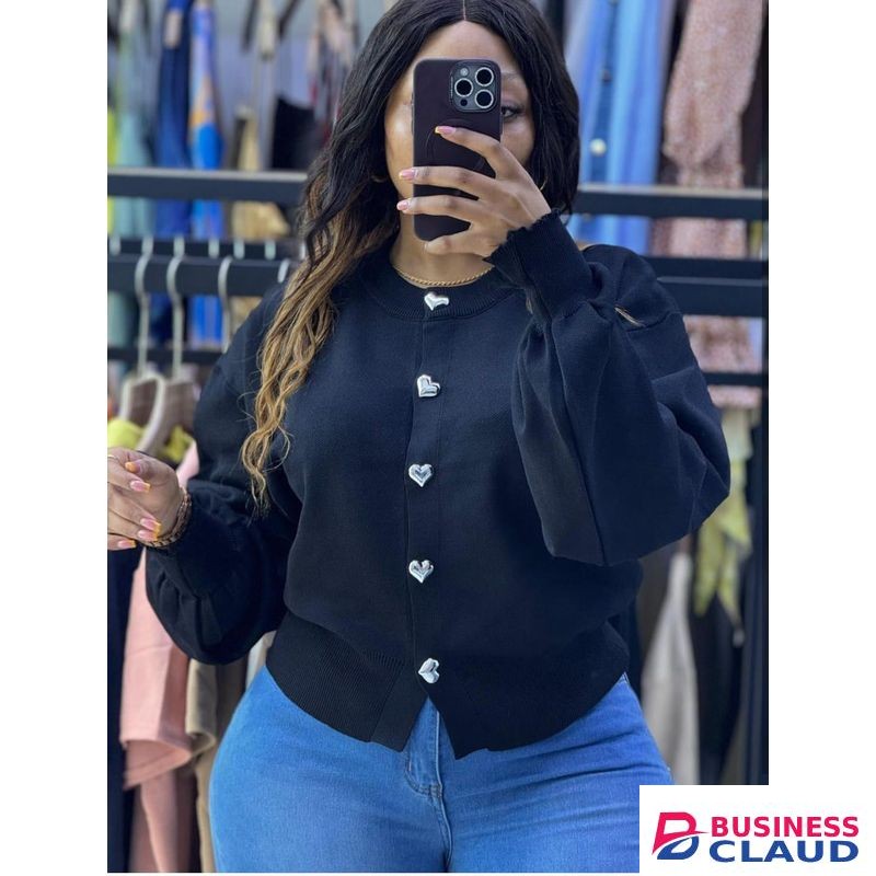 Stylish, Snugly and Comfortable Ladies' Heart-Button Knitted Sweater Top (Black) – Long Sleeved.
