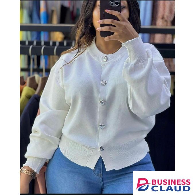 Stylish, Snugly and Comfortable Ladies' Heart-Button Knitted Sweater Top (White) – Long Sleeved.