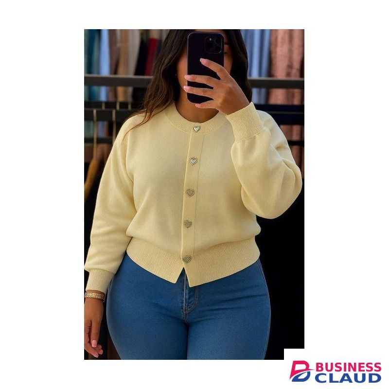 Stylish, Snugly and Comfortable Ladies' Heart-Button Knitted Sweater Top (Beige-Creamy) – Long Sleeved...