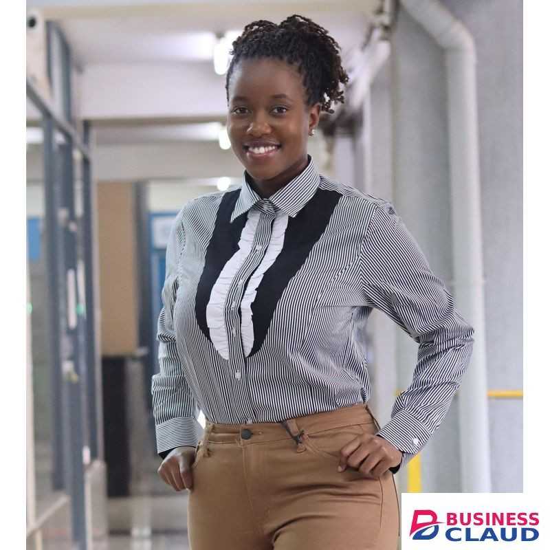 Tux-Inspired Pinstripe Ruffle Women Shirt