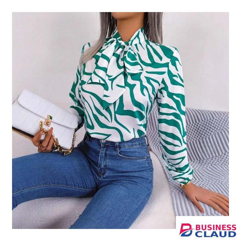 Official Women Abstract Zebra Print Chiffon Blouse with Lantern Sleeve and Tie Neck- Green