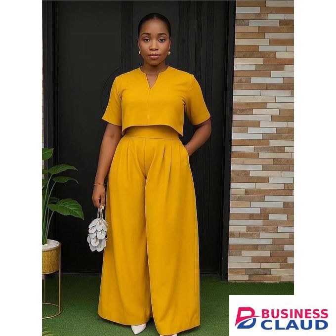 Two Piece Matching Set -Pants Wide Leg/Short Sleeve Tops-Mustard Yellow
