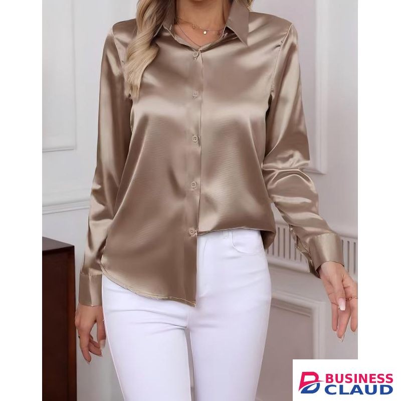 CALLIARA Luxury Satin Long Sleeve Shirt, Cham pagne Gold Collared Commute Blouse, High-End Draping Slimming Top