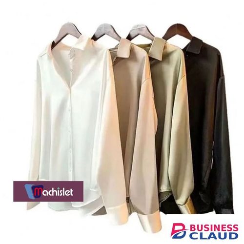 Machislet Long Sleeved Satin Button-dow Shirt With A Stylish Drape Blouse-BLACK