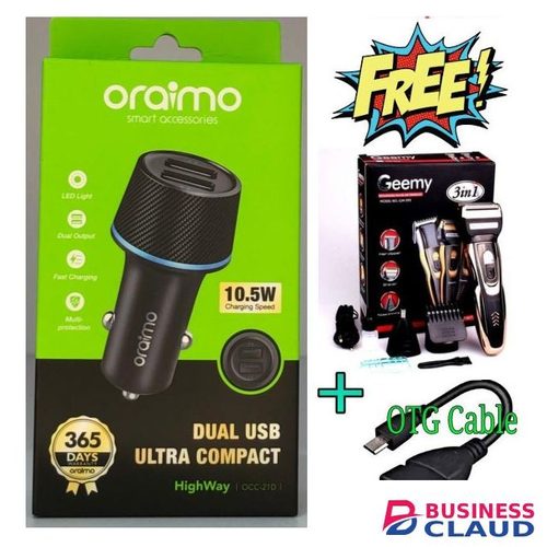 Oraimo Faster Car Charger with 2-in-1 Lighting and Micro USB Cable +3in1 Shaving Machine+ OTG Cable