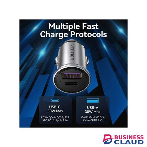 Vention Two-Port USB A+A(30+30) Car Charger Gray Mini Style Aluminium Alloy Type