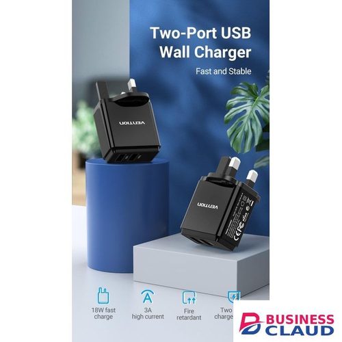 Vention Two-Port USB(A+A) Wall Charger (18W/18W) UK-Plug Black