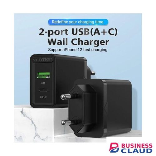 Vention 2-Port USB(A+C) Wall Fast Charger (18W/20W) UK Plug