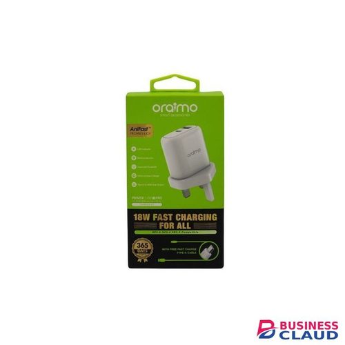 Oraimo Powercube 3 Pro 18W Fast Charger With Type C Output. Compatible, USB & Type-C Dual Output, 18W FAST CHARGER, Smart Phone Charger. Android Phone Charger