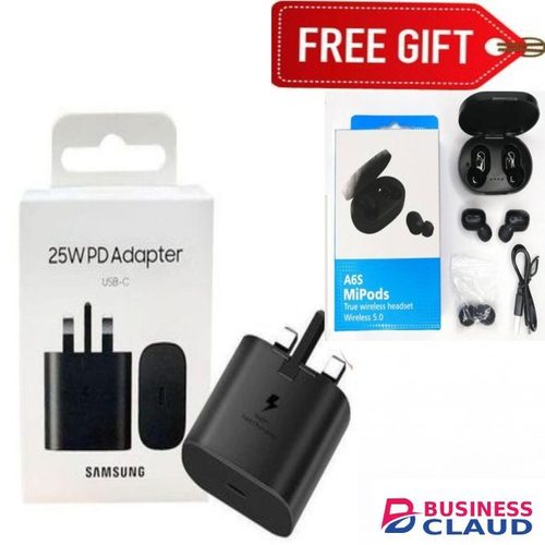 Samsung 25Watts Super Fast Charger, Adapter With Type C Output For Galaxy A06, A07, A17, A16, A26,A36,A56, A05, A05s, A14, A15, A23, A24, A25, A33, A34, A35, A53, A54, A55, A74 And All S Series + earpods
