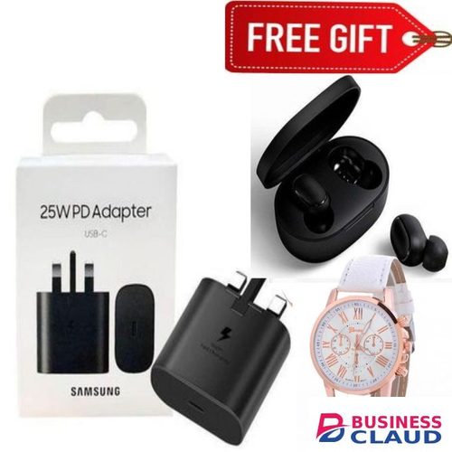 Samsung 25Watts Super Fast Charger, Adapter With Type C Output For Galaxy A06, A07, A17, A16, A26,A36,A56, A05, A05s, A14, A15, A23, A24, A25, A33, A34, A35, A53, A54, A55, A74 And All S Series + earpods + watch