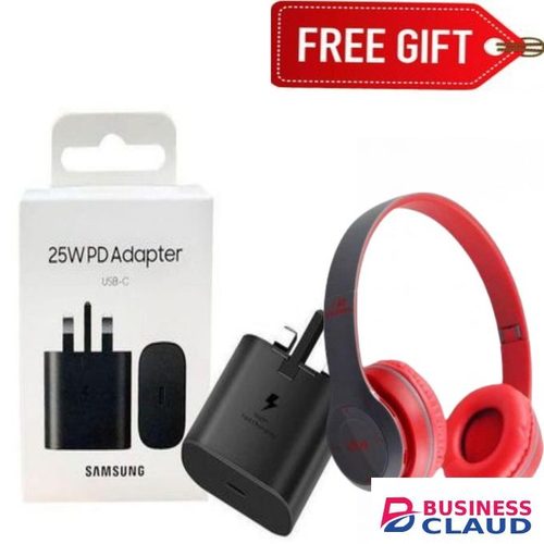 Samsung 25Watts Super Fast Charger, Adapter With Type C Output For Galaxy A06, A07, A17, A16, A26,A36,A56, A05, A05s, A14, A15, A23, A24, A25, A33, A34, A35, A53, A54, A55, A74 And All S Series + p47 headphones