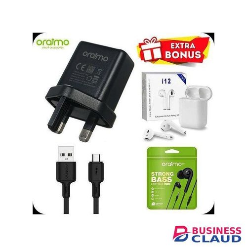 Oraimo Fast Charger With Data Cable For SmartPhones +VALUEGIFTS Earphones, BT Earpods