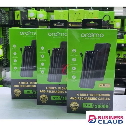 Oraimo Traveler Link 20 OPB-P5201 – 20,000mAh Power Bank With 4 Built-In Charging & Recharging Cables BLACK
