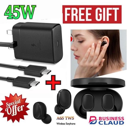 Samsung Super Fast 45W PD USB-C PD Adapter, Fast Charger+ A6S Bluetooth Earpods for Galaxy S21/S20/Note 20, Power Delivery Wall Charger, Type-C Laptop Charging, 5V/3A 9V/3A 15V/3A 20V/2 +