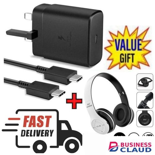 Samsung Super Fast 45W PD USB-C PD Adapter, Fast Charger for Galaxy S21/S20/Note 20, Power Delivery Wall Charger, Type-C Laptop Charging, 5V/3A 9V/3A 15V/3A 20V/2 + P47 Headphones