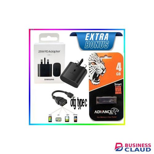 Samsung 25 Watts/25W/25 W Super Fast Charger adapter With Type C outputCable Not Included for Galaxy A14,A13,A12,A22,A24,A34,A54,A73,A70 and All S series + Free 4GB Flash Disk & Type C Otg