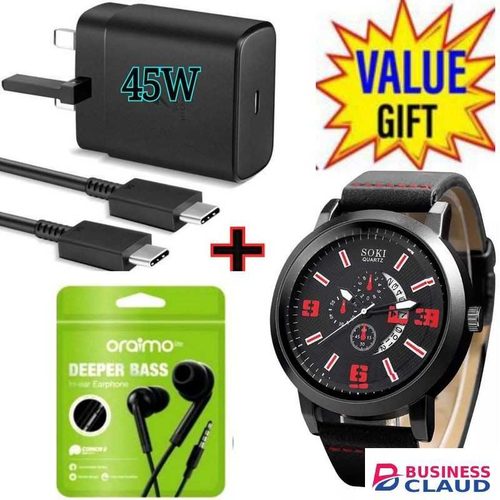 Samsung Super Fast 45W PD USB-C PD Adapter, Fast Charger for Galaxy S21/S20/Note 20, Power Delivery Wall Charger, Type-C Laptop Charging, 5V/3A 9V/3A 15V/3A +WATCH +EARPHONES