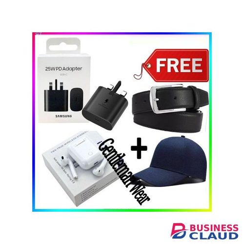 Samsung 25 Watts/25W/25 W Super Fast Charger adapter With Type C to C outputCable Not Included for Galaxy A14,A13,A12,A22,A24,A34,A54,A73,A70 and All S series +Earbuds, Cap & Belt Gifts