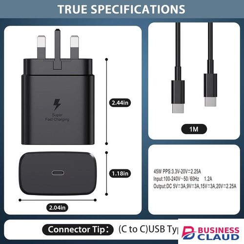 Samsung Super Fast 45W USB C Charger Adapter For Type C Devices. Charger For Galaxy S23 Ultra/S22+/S22 Ultra/S21/S20/A13/A14/A54 5G, UK Type C Charger Plug - White