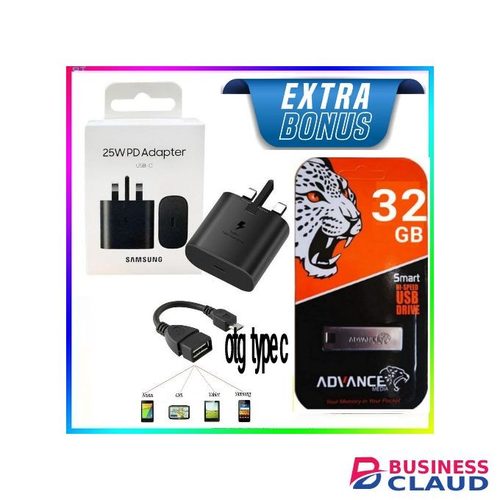 Samsung 25 Watts/25W/25 W Super Fast Charger adapter With Type C outputCable Not Included for Galaxy A14,A13,A12,A22,A24,A34,A54,A73,A70 and All S series + Free 32GB Flash Disk & Type C Otg