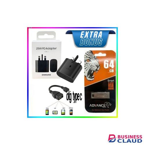 Samsung 25 Watts/25W/25 W Super Fast Charger adapter With Type C outputCable Not Included for Galaxy A14,A13,A12,A22,A24,A34,A54,A73,A70 and All S series + Free 64GB Flash Disk & Type C Otg