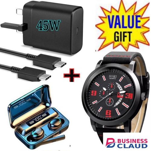Samsung Super Fast 45W PD USB-C PD Adapter, Fast Charger For Galaxy S21/S20/Note 20, Power Delivery Wall Charger, Type-C Laptop Charging, 5V/3A 9V/3A 15V/3A +WATCH +BLUETOOTH EARBUDS
