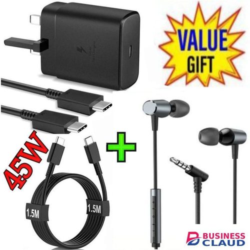Samsung 45W PD USB-C PD Adapter, Fast Charger for Galaxy S21/S20/Note 20, Power Delivery Wall Charger, Type-C Laptop Charging, 5V/3A 9V/3A 15V/3A 20V/2 + Free Oraimo Earphones