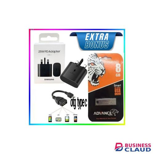 Samsung 25 Watts/25W/25 W Super Fast Charger adapter With Type C outputCable Not Included for Galaxy A14,A13,A12,A22,A24,A34,A54,A73,A70 and All S series + Free 8GB Flash Disk & Type C Otg