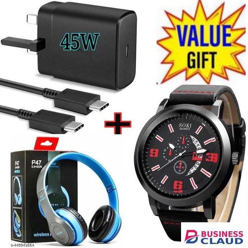 Samsung Super Fast 45W PD USB-C PD Adapter, Fast Charger for Galaxy S21/S20/Note 20, Power Delivery Wall Charger, Type-C Laptop Charging, 5V/3A 9V/3A 15V/3A +WATCH + BLUETOOTH HEADPHONES