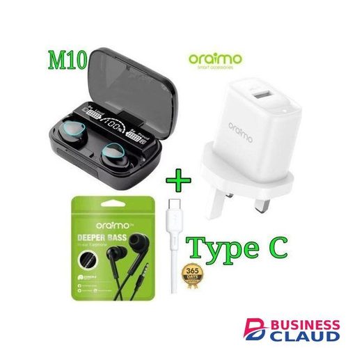 Oraimo Original type C Faster Charger +M10 Bluetooth Earbuds+Oraimo Earphone