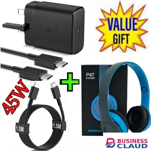 Samsung 45W PD USB-C PD Adapter, Fast Charger for Galaxy S21/S20/Note 20, Power Delivery Wall Charger, Type-C Laptop Charging, 5V/3A 9V/3A 15V/3A 20V/2 +Free Bluetooth Headphones