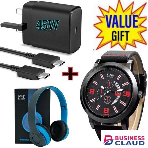 Samsung Super Fast 45W PD USB-C PD Adapter, Fast Charger for Galaxy S21/S20/Note 20, Power Delivery Wall Charger, Type-C Laptop Charging, 5V/3A 9V/3A 15V/3A +WATCH +WIRELESS HEADPHONES