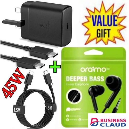 Samsung 45W PD USB-C PD Adapter, Fast Charger for Galaxy S21/S20/Note 20, Power Delivery Wall Charger, Type-C Laptop Charging, 5V/3A 9V/3A 15V/3A 20V/2 + FREE Strong Bass Earphones
