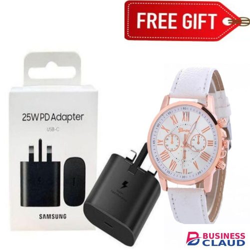 Samsung 25Watts Super Fast Charger, Adapter With Type C Output For Galaxy A06, A07, A17, A16, A26,A36,A56, A05, A05s, A14, A15, A23, A24, A25, A33, A34, A35, A53, A54, A55, A74 And All S Series + luxury watch