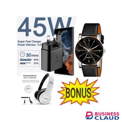 Samsung Galaxy 45W Fast Charger Adapter With C Output For Galaxy Galaxy A15,A25,A05S,S23FE S23 Ultra, S23, S23+, Note 10/ Note 10+ /Note 20 / Note 20 Ultra /S10 5G /S20 /S20+ /S20 Ultra /S21 /S21+ EXTRA BONUS Bluetooth Wireless Headphones, Watch