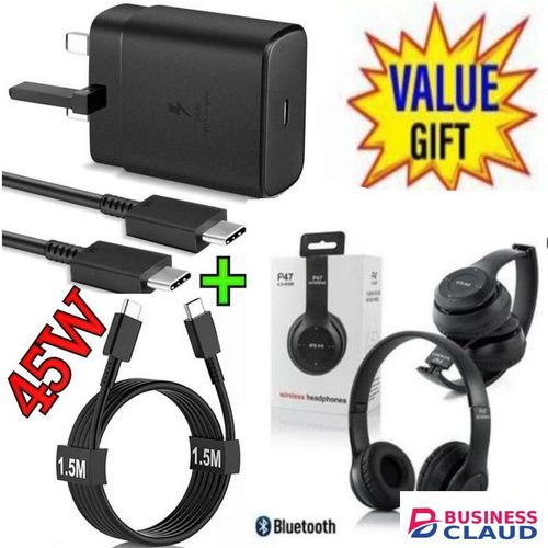 Samsung 45W PD USB-C PD Adapter, Fast Charger for Galaxy S21/S20/Note 20, Power Delivery Wall Charger, Type-C Laptop Charging, 5V/3A 9V/3A 15V/3A 20V/2 + Free Wireless Bluetooth Headphones