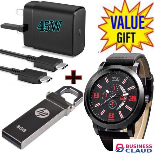 Samsung Super Fast 45W PD USB-C PD Adapter, Fast Charger For Galaxy S21/S20/Note 20, Power Delivery Wall Charger, Type-C Laptop Charging, 5V/3A 9V/3A 15V/3A +WATCH +8GB FLASH DISK