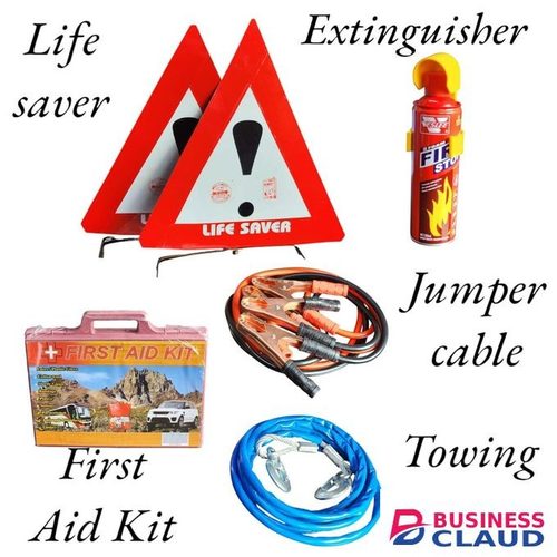 Emergency Car Safety Kit – 2 Life Savers, Fire Extinguisher, First Aid Kit, Towing Rope & Jumper Cable