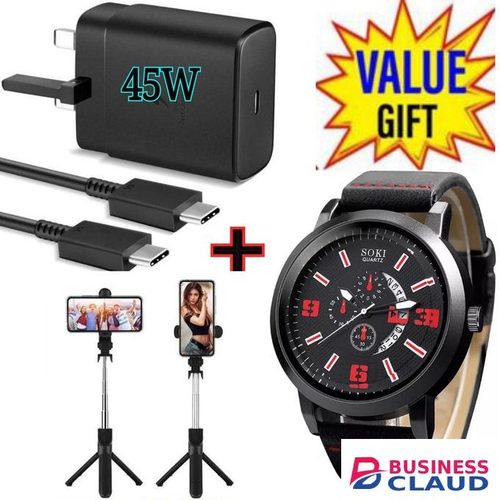 Samsung Super Fast 45W PD USB-C PD Adapter, Fast Charger for Galaxy S21/S20/Note 20, Power Delivery Wall Charger, Type-C Laptop Charging, 5V/3A 9V/3A 15V/3A +WATCH +TRIPOD STAND SELFIE STICK